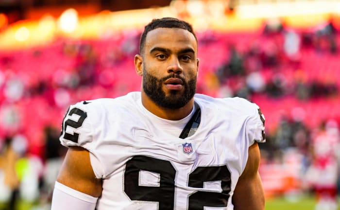 Dec 12, 2021; Kansas City, Missouri, USA; Las Vegas Raiders defensive end Solomon Thomas (92) leaves the field after the game against the Kansas City Chiefs at GEHA Field at Arrowhead Stadium. Mandatory Credit: Jay Biggerstaff-USA TODAY Sports